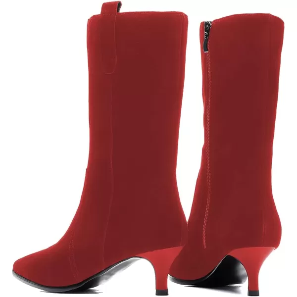 imageFSJ Women Fashion Suede Pointed Toe Kitten Low Heel Mid Calf Boots Side Zipper Casual Dress Walking Ladies Shoes Size 415 USRed