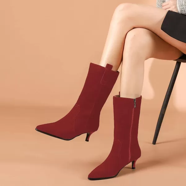imageFSJ Women Fashion Suede Pointed Toe Kitten Low Heel Mid Calf Boots Side Zipper Casual Dress Walking Ladies Shoes Size 415 USRed