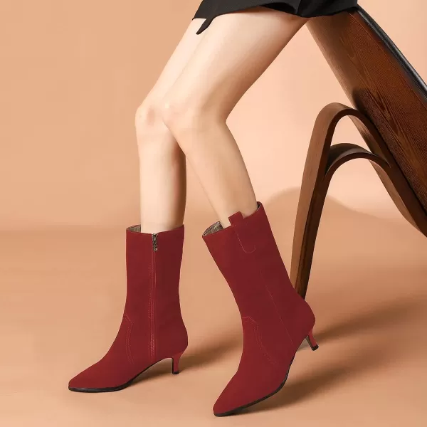 imageFSJ Women Fashion Suede Pointed Toe Kitten Low Heel Mid Calf Boots Side Zipper Casual Dress Walking Ladies Shoes Size 415 USRed