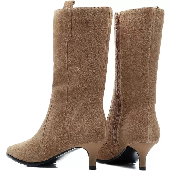 imageFSJ Women Fashion Suede Pointed Toe Kitten Low Heel Mid Calf Boots Side Zipper Casual Dress Walking Ladies Shoes Size 415 USTan