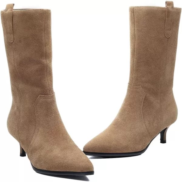 imageFSJ Women Fashion Suede Pointed Toe Kitten Low Heel Mid Calf Boots Side Zipper Casual Dress Walking Ladies Shoes Size 415 USTan