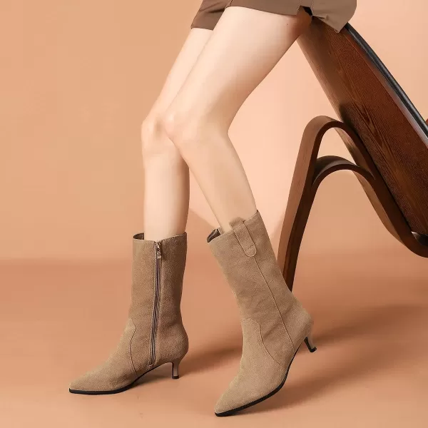 imageFSJ Women Fashion Suede Pointed Toe Kitten Low Heel Mid Calf Boots Side Zipper Casual Dress Walking Ladies Shoes Size 415 USTan