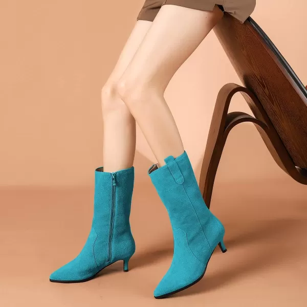 imageFSJ Women Fashion Suede Pointed Toe Kitten Low Heel Mid Calf Boots Side Zipper Casual Dress Walking Ladies Shoes Size 415 USTurquoise