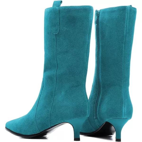 imageFSJ Women Fashion Suede Pointed Toe Kitten Low Heel Mid Calf Boots Side Zipper Casual Dress Walking Ladies Shoes Size 415 USTurquoise