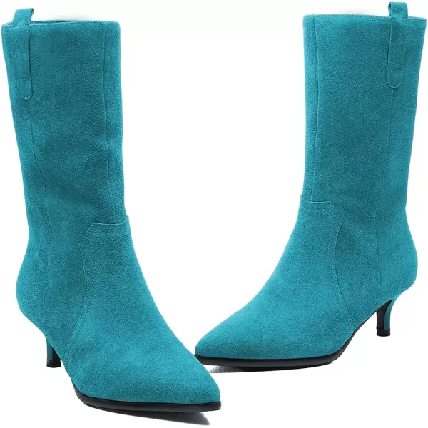 imageFSJ Women Fashion Suede Pointed Toe Kitten Low Heel Mid Calf Boots Side Zipper Casual Dress Walking Ladies Shoes Size 415 USTurquoise