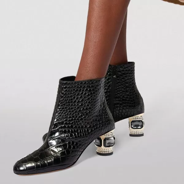imageFSJ Women Round Toe Crystal Chunky Block Low Heel Ankle Boots Fashion Side Zipper Casual Prom Walking Shoes Size 416 USBlack Crocodile Print