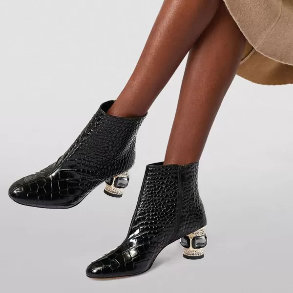 imageFSJ Women Round Toe Crystal Chunky Block Low Heel Ankle Boots Fashion Side Zipper Casual Prom Walking Shoes Size 416 USBlack Crocodile Print