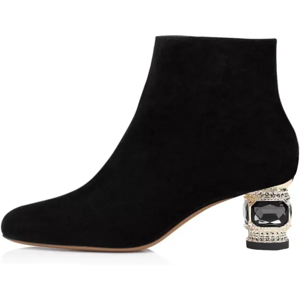 imageFSJ Women Round Toe Crystal Chunky Block Low Heel Ankle Boots Fashion Side Zipper Casual Prom Walking Shoes Size 416 USBlack Suede