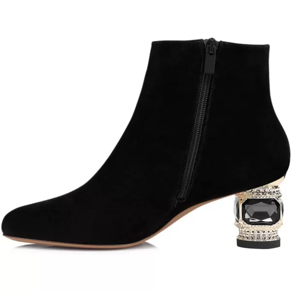 imageFSJ Women Round Toe Crystal Chunky Block Low Heel Ankle Boots Fashion Side Zipper Casual Prom Walking Shoes Size 416 USBlack Suede