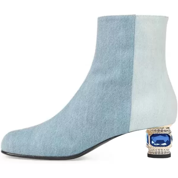 imageFSJ Women Round Toe Crystal Chunky Block Low Heel Ankle Boots Fashion Side Zipper Casual Prom Walking Shoes Size 416 USBlue Denim Patchwork