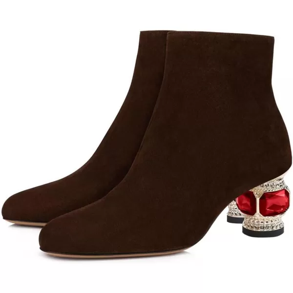 imageFSJ Women Round Toe Crystal Chunky Block Low Heel Ankle Boots Fashion Side Zipper Casual Prom Walking Shoes Size 416 USCaramel Suede