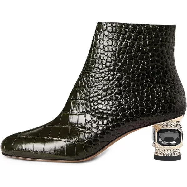 imageFSJ Women Round Toe Crystal Chunky Block Low Heel Ankle Boots Fashion Side Zipper Casual Prom Walking Shoes Size 416 USDark Green Crocodile Print