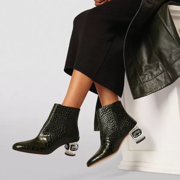 imageFSJ Women Round Toe Crystal Chunky Block Low Heel Ankle Boots Fashion Side Zipper Casual Prom Walking Shoes Size 416 USDark Green Crocodile Print