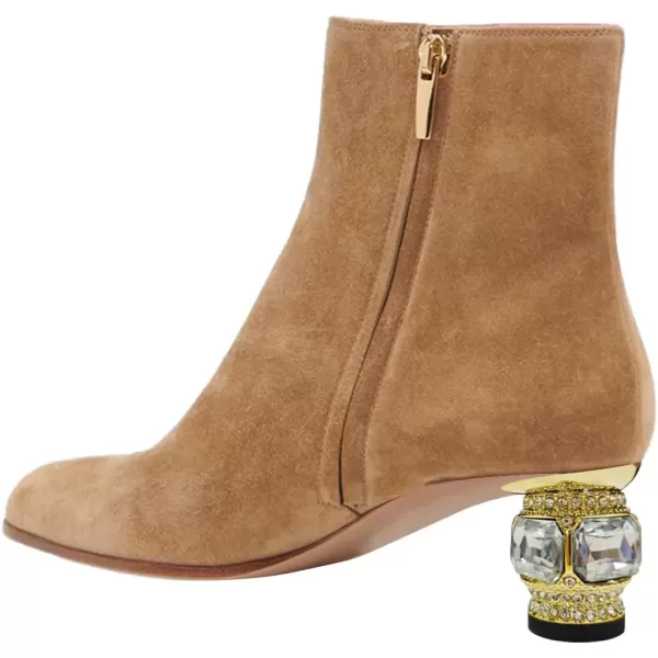imageFSJ Women Round Toe Crystal Chunky Block Low Heel Ankle Boots Fashion Side Zipper Casual Prom Walking Shoes Size 416 USKhaki Suede