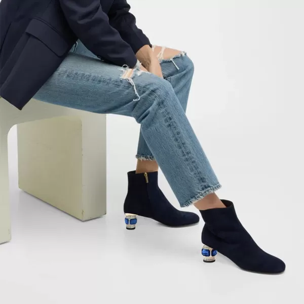 imageFSJ Women Round Toe Crystal Chunky Block Low Heel Ankle Boots Fashion Side Zipper Casual Prom Walking Shoes Size 416 USNavy Blue Suede