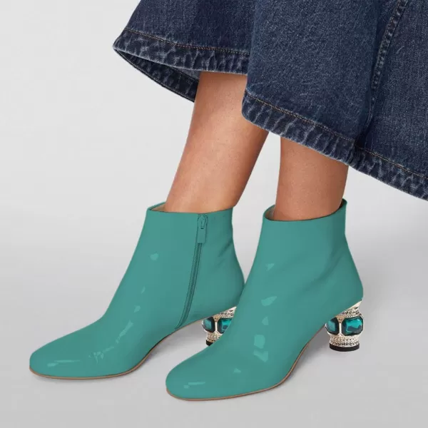 imageFSJ Women Round Toe Crystal Chunky Block Low Heel Ankle Boots Fashion Side Zipper Casual Prom Walking Shoes Size 416 USSeagreen