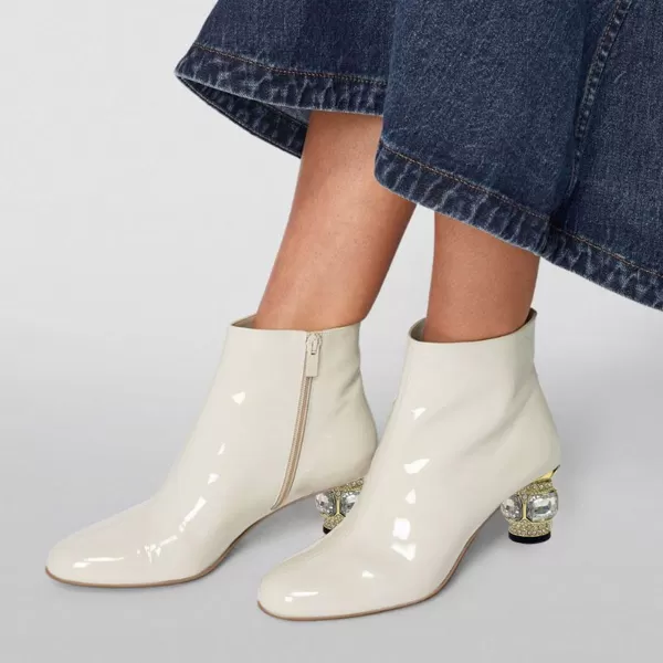 imageFSJ Women Round Toe Crystal Chunky Block Low Heel Ankle Boots Fashion Side Zipper Casual Prom Walking Shoes Size 416 USWhite