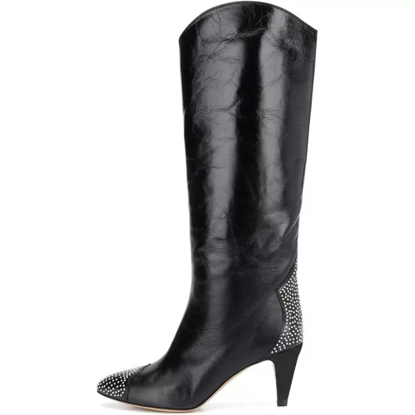 imageFSJ Women Studs Wide Calf Mid Kitten Heel Knee High Boots Pointed Toe Pull On Stretch Dress Boots Winter Long Shoes Size 415 USBlack