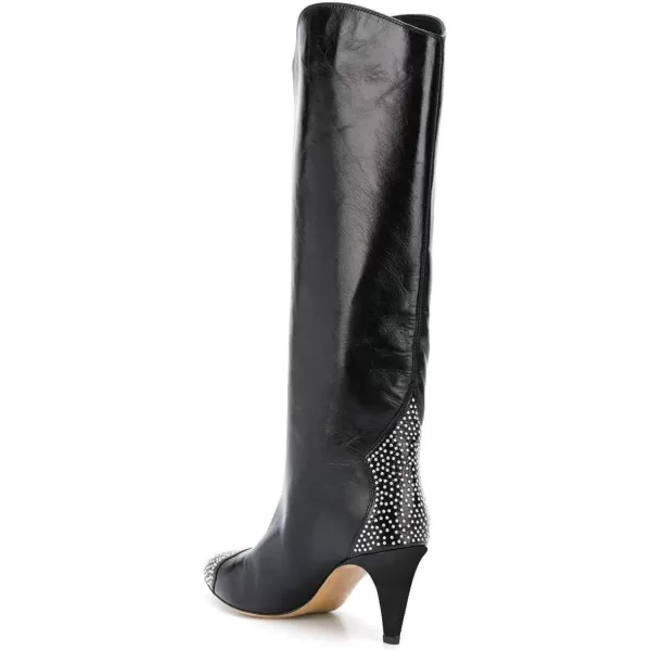 imageFSJ Women Studs Wide Calf Mid Kitten Heel Knee High Boots Pointed Toe Pull On Stretch Dress Boots Winter Long Shoes Size 415 USBlack
