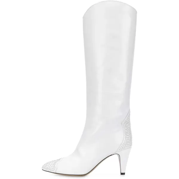 imageFSJ Women Studs Wide Calf Mid Kitten Heel Knee High Boots Pointed Toe Pull On Stretch Dress Boots Winter Long Shoes Size 415 USWhite