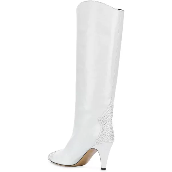 imageFSJ Women Studs Wide Calf Mid Kitten Heel Knee High Boots Pointed Toe Pull On Stretch Dress Boots Winter Long Shoes Size 415 USWhite