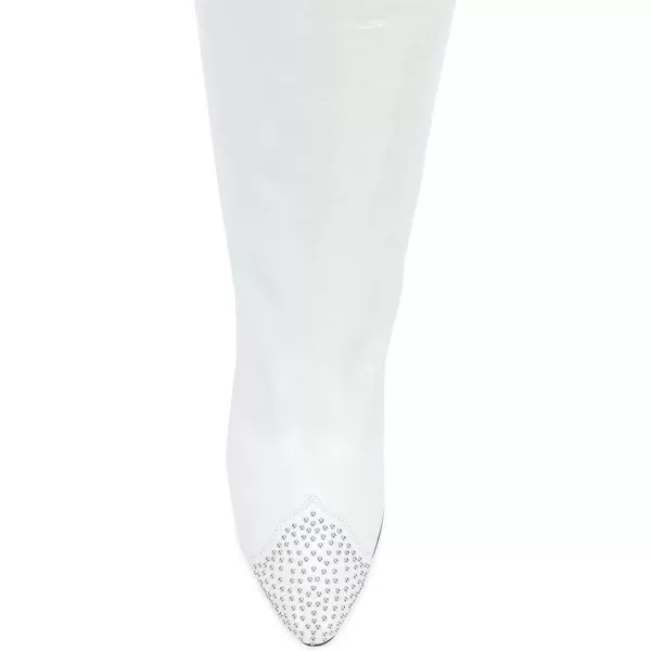 imageFSJ Women Studs Wide Calf Mid Kitten Heel Knee High Boots Pointed Toe Pull On Stretch Dress Boots Winter Long Shoes Size 415 USWhite