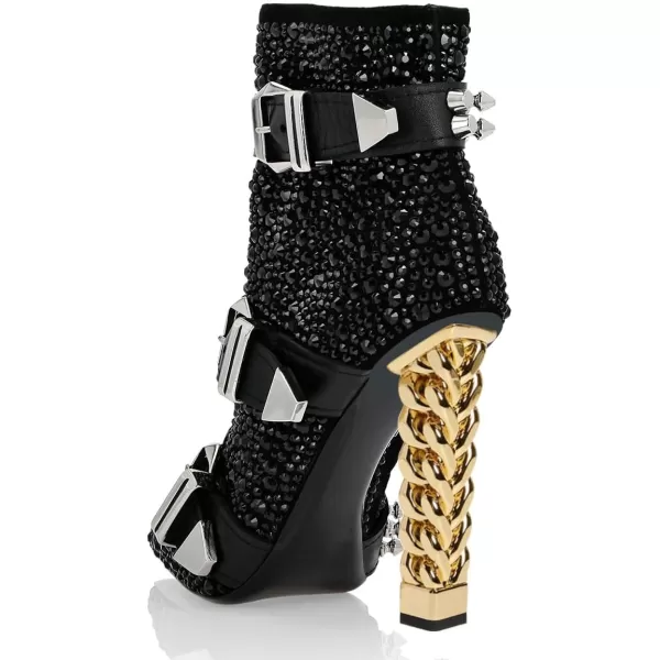 imageFSJ Women Trendy Pointed Toe Ankle Boot Block Chunky Gold High Heel Bootie Party Prom Shoes with Zipper Size 415 USBlack Belt