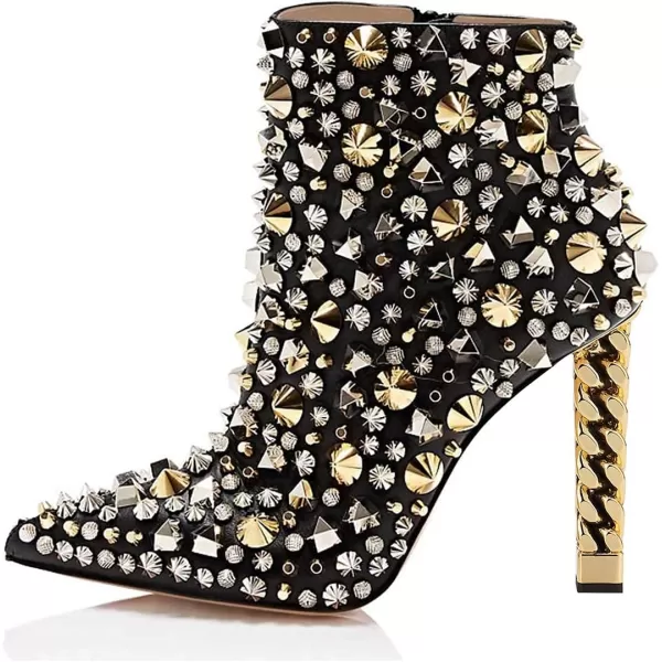 imageFSJ Women Trendy Pointed Toe Ankle Boot Block Chunky Gold High Heel Bootie Party Prom Shoes with Zipper Size 415 USBlack Rivets