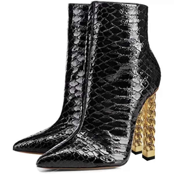 imageFSJ Women Trendy Pointed Toe Ankle Boot Block Chunky Gold High Heel Bootie Party Prom Shoes with Zipper Size 415 USBlack Snake