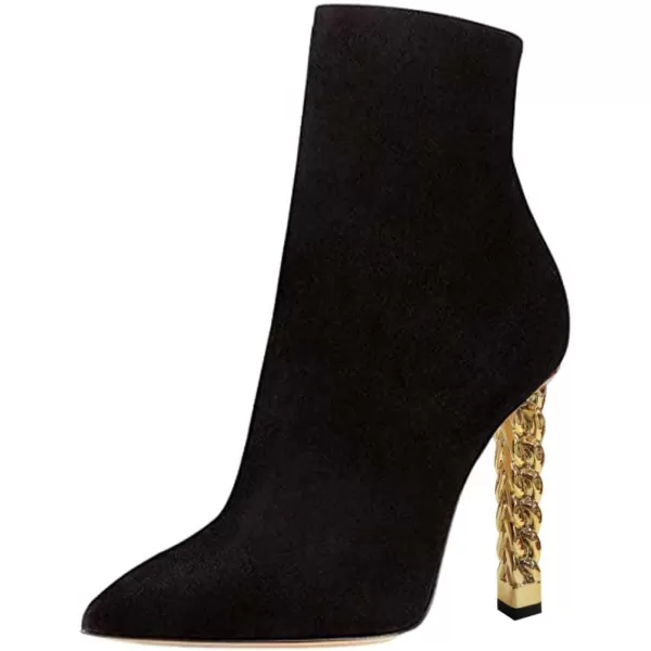 imageFSJ Women Trendy Pointed Toe Ankle Boot Block Chunky Gold High Heel Bootie Party Prom Shoes with Zipper Size 415 USBlack Suede