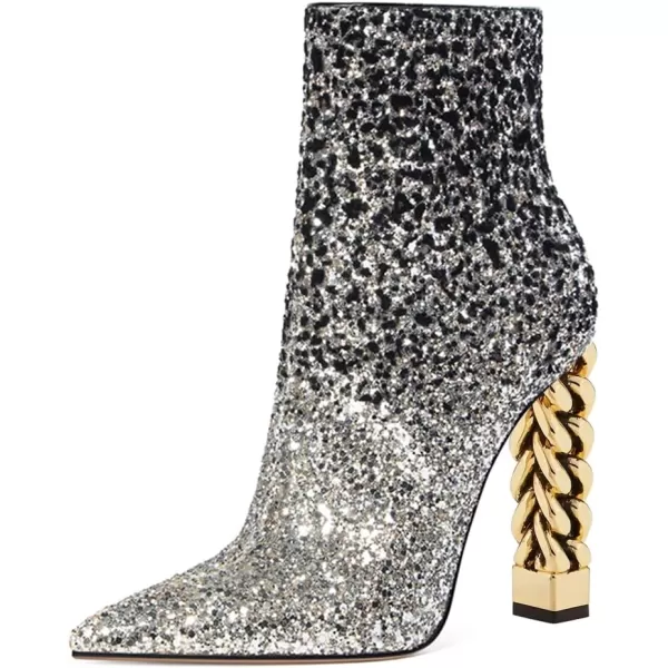 imageFSJ Women Trendy Pointed Toe Ankle Boot Block Chunky Gold High Heel Bootie Party Prom Shoes with Zipper Size 415 USBlackglitter