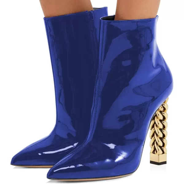 imageFSJ Women Trendy Pointed Toe Ankle Boot Block Chunky Gold High Heel Bootie Party Prom Shoes with Zipper Size 415 USBlue