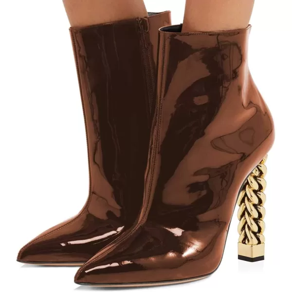 imageFSJ Women Trendy Pointed Toe Ankle Boot Block Chunky Gold High Heel Bootie Party Prom Shoes with Zipper Size 415 USBrown