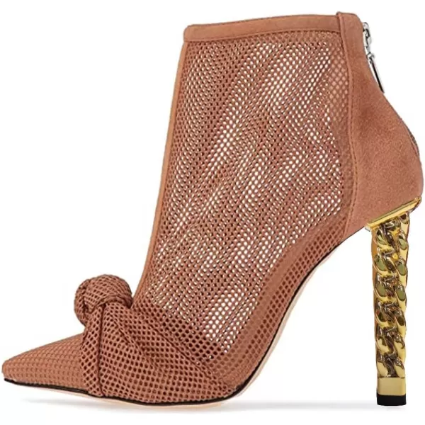 imageFSJ Women Trendy Pointed Toe Ankle Boot Block Chunky Gold High Heel Bootie Party Prom Shoes with Zipper Size 415 USBrown Mesh