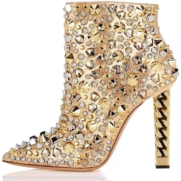imageFSJ Women Trendy Pointed Toe Ankle Boot Block Chunky Gold High Heel Bootie Party Prom Shoes with Zipper Size 415 USGold Chainheel