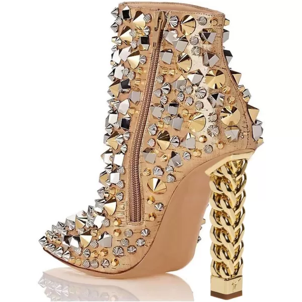 imageFSJ Women Trendy Pointed Toe Ankle Boot Block Chunky Gold High Heel Bootie Party Prom Shoes with Zipper Size 415 USGold Chainheel