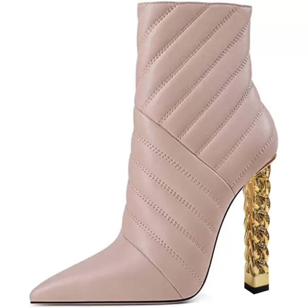 imageFSJ Women Trendy Pointed Toe Ankle Boot Block Chunky Gold High Heel Bootie Party Prom Shoes with Zipper Size 415 USNude