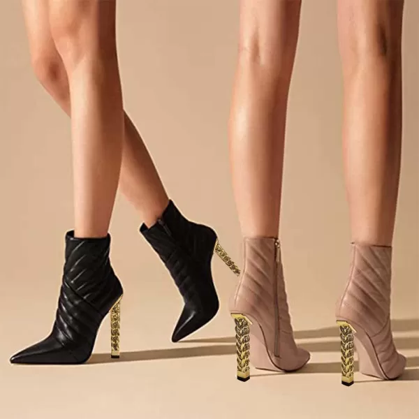 imageFSJ Women Trendy Pointed Toe Ankle Boot Block Chunky Gold High Heel Bootie Party Prom Shoes with Zipper Size 415 USNude