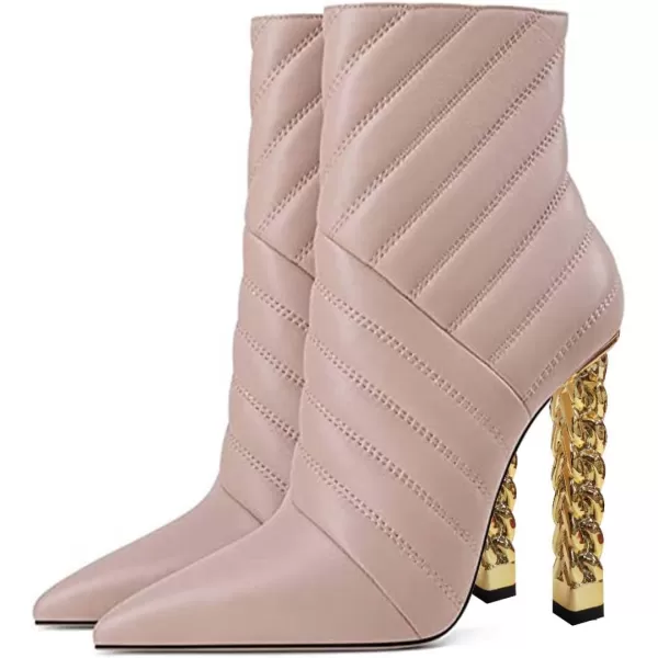 imageFSJ Women Trendy Pointed Toe Ankle Boot Block Chunky Gold High Heel Bootie Party Prom Shoes with Zipper Size 415 USNude