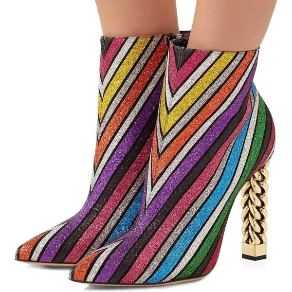 imageFSJ Women Trendy Pointed Toe Ankle Boot Block Chunky Gold High Heel Bootie Party Prom Shoes with Zipper Size 415 USRainbow Stripe