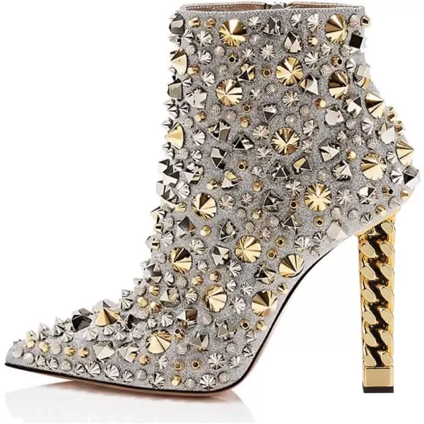 imageFSJ Women Trendy Pointed Toe Ankle Boot Block Chunky Gold High Heel Bootie Party Prom Shoes with Zipper Size 415 USSliver Rivets