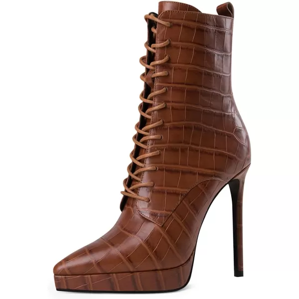 imageFSJ Womens Platform Boots Stiletto High Heels Booties Lace Up Victorian Side Zipper Pointed Toe Mid Calf Ankle Boots Winter Sexy Dress Evening Short Boots Shoes Size 415 USBrown