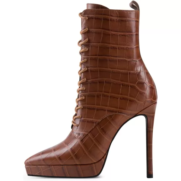 imageFSJ Womens Platform Boots Stiletto High Heels Booties Lace Up Victorian Side Zipper Pointed Toe Mid Calf Ankle Boots Winter Sexy Dress Evening Short Boots Shoes Size 415 USBrown
