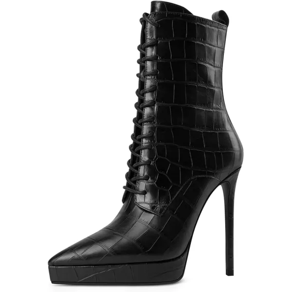 imageFSJ Womens Platform Boots Stiletto High Heels Booties Lace Up Victorian Side Zipper Pointed Toe Mid Calf Ankle Boots Winter Sexy Dress Evening Short Boots Shoes Size 415 USBlack
