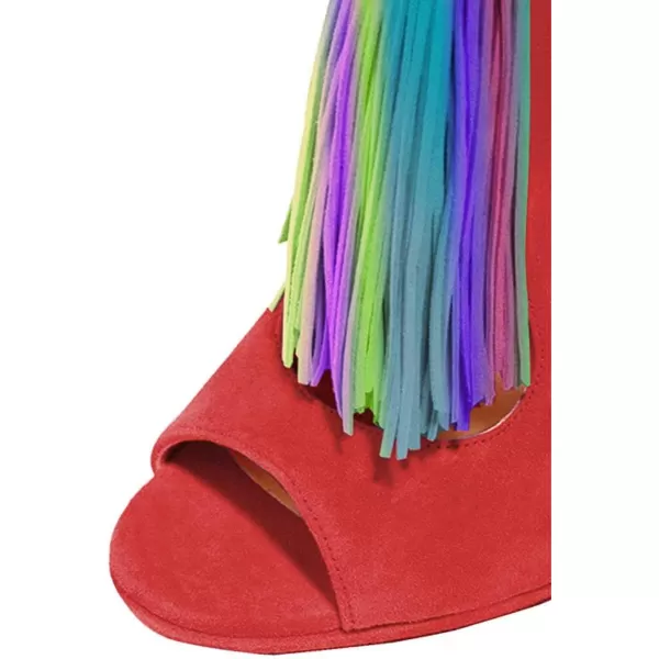 imageWomen Peep Toe Slingback High Heels Sandals Fringed Ankle Booties Chic Stilettos Tassels Shoes Size 415 USRedmulti