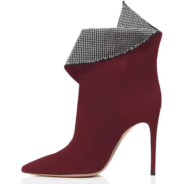 imageWomen Sexy Stiletto High Heels Ankle Boots Pointy Toe Pumps Rhinestones Faux Suede Shoes Size 415 USWine Red