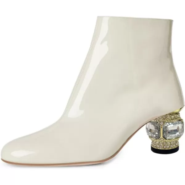 imageFSJ Women Round Toe Crystal Chunky Block Low Heel Ankle Boots Fashion Side Zipper Casual Prom Walking Shoes Size 416 USWhite