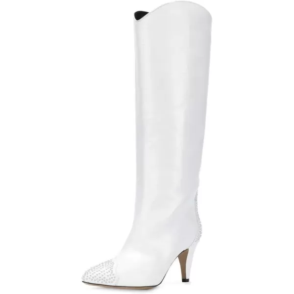 imageFSJ Women Studs Wide Calf Mid Kitten Heel Knee High Boots Pointed Toe Pull On Stretch Dress Boots Winter Long Shoes Size 415 USWhite