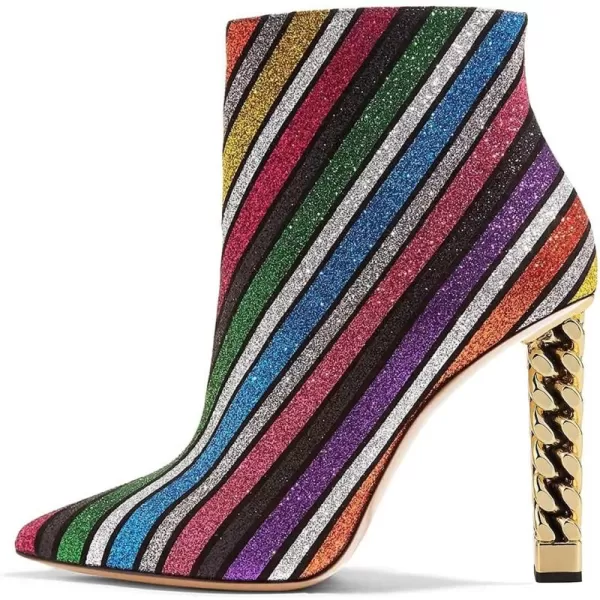 imageFSJ Women Trendy Pointed Toe Ankle Boot Block Chunky Gold High Heel Bootie Party Prom Shoes with Zipper Size 415 USRainbow Stripe