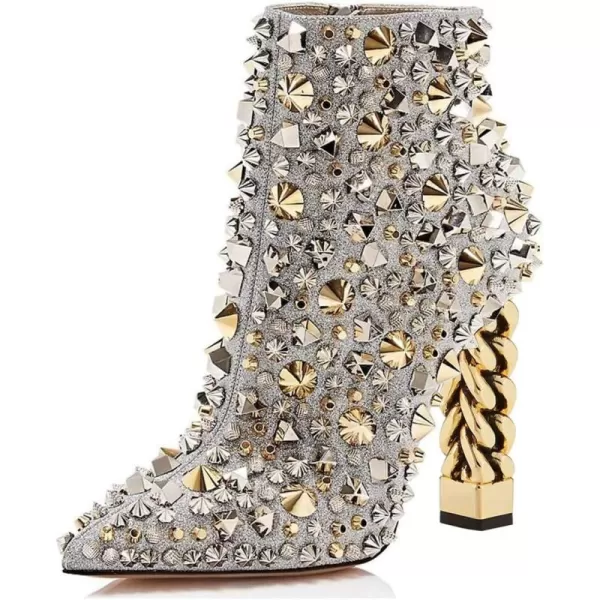 imageFSJ Women Trendy Pointed Toe Ankle Boot Block Chunky Gold High Heel Bootie Party Prom Shoes with Zipper Size 415 USSliver Rivets